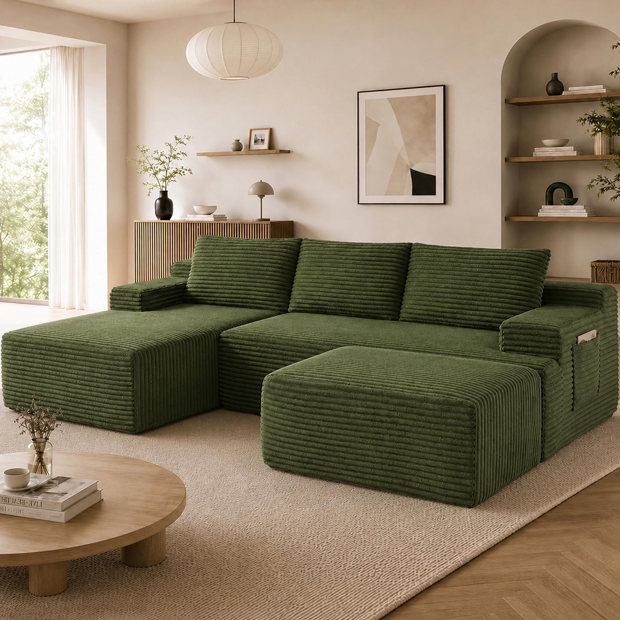 Boneless Couch, Modular Sectional Couches for Living Room, U-Shaped Cloud Couch Sofa with Deep Seat, Fluffy Corduroy Upholstered Corner Sofa