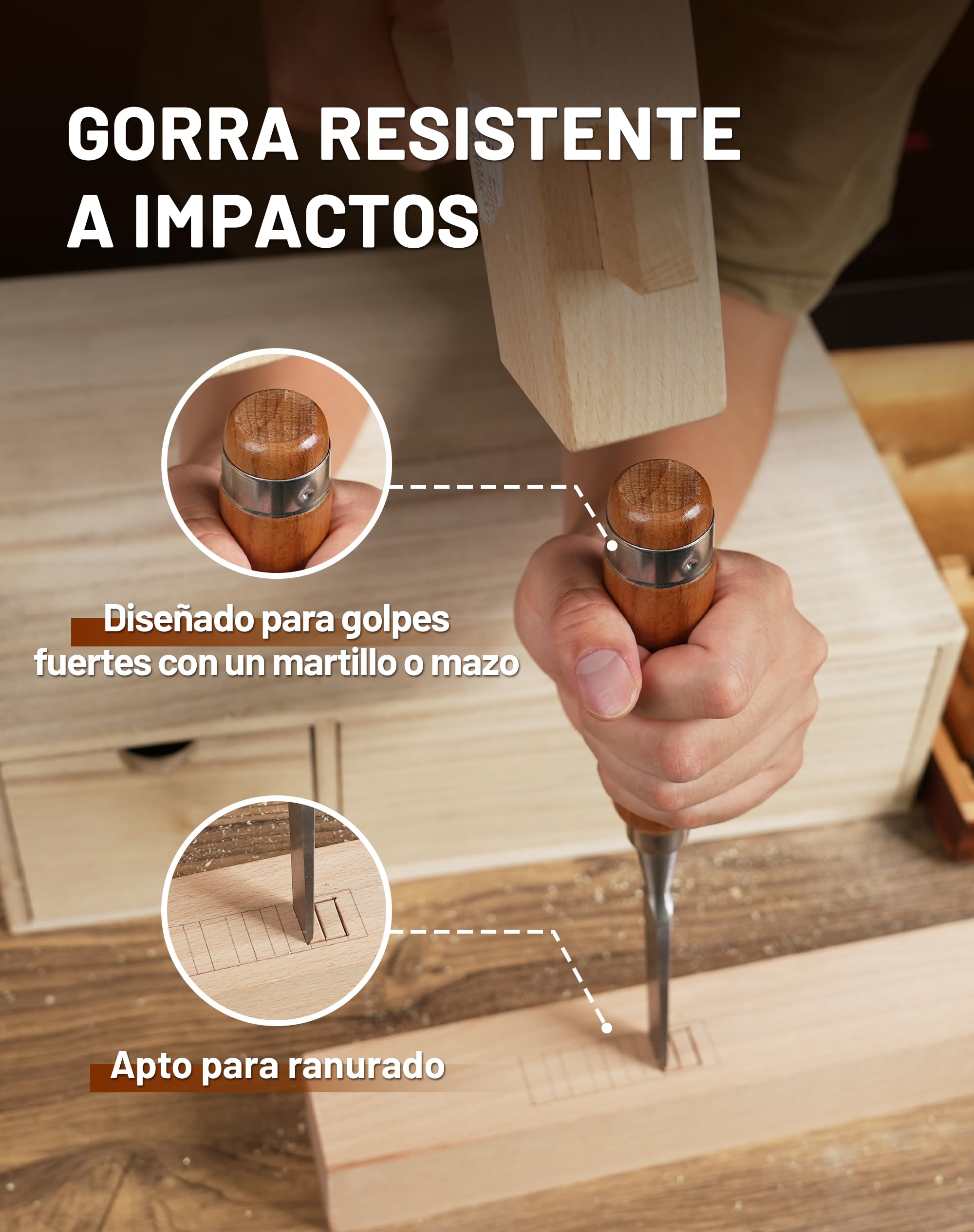EZARC Juego de 6 Cinceles para Madera, Acero Cromo-Vanadio y Mango de Madera con Estuche de Madera