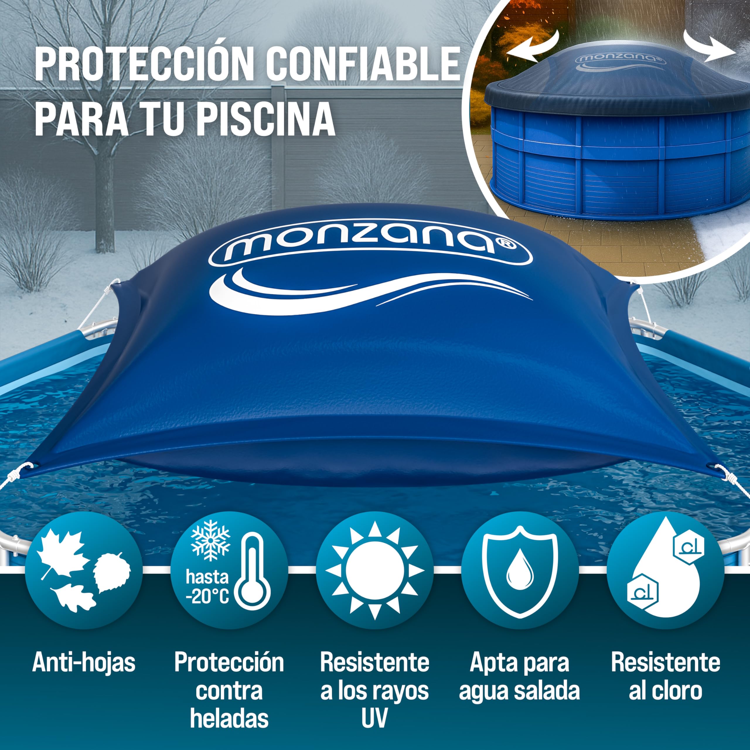 MONZANA® Cojín Piscina Invierno XL 120x120cm Cojín Aire PVC Accesorio Protector Resistente Cloro Válvula Seguridad Kit Reparación Set a Elegir | Estable, Duradero, Resistente al hielo, Cloro, rayos UV, Incluye Accesorios, 2 Kits de reparación, Válvula dob