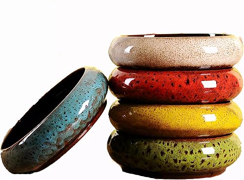 Miniatura 6 de Maceta circular de cerámica de 7.3 pulgadas para decoración de jardín para el hogar, suculentas, cactus, maceta con bandeja de bambú, planta no