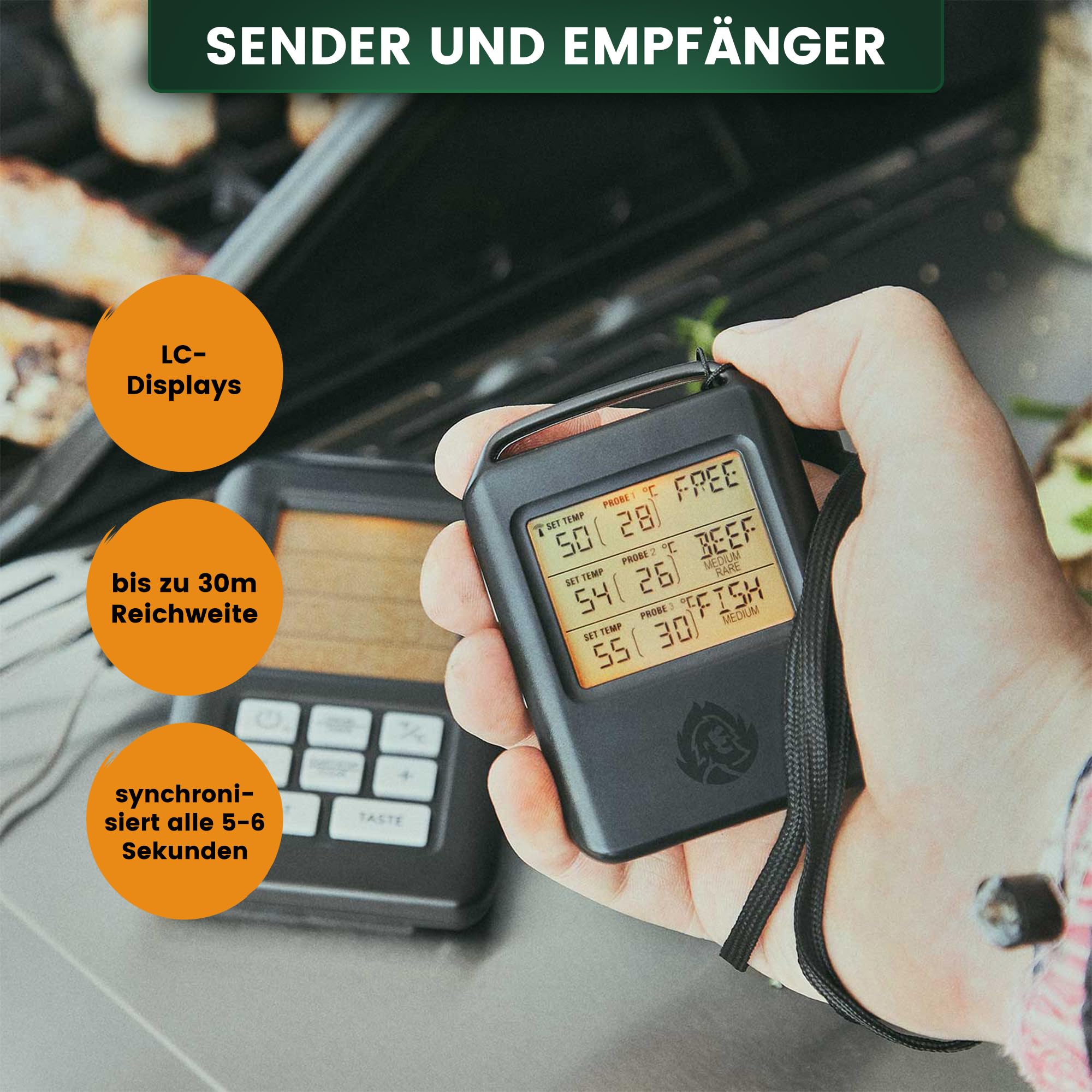 BURNHARD® Funk Grillthermometer mit 4 Temperaturfühlern, 30m Reichweite, Digital Braten-Thermometer für Grill & Backofen, Timer, BBQ Thermometer, Grillzubehör für Fleisch & Fisch