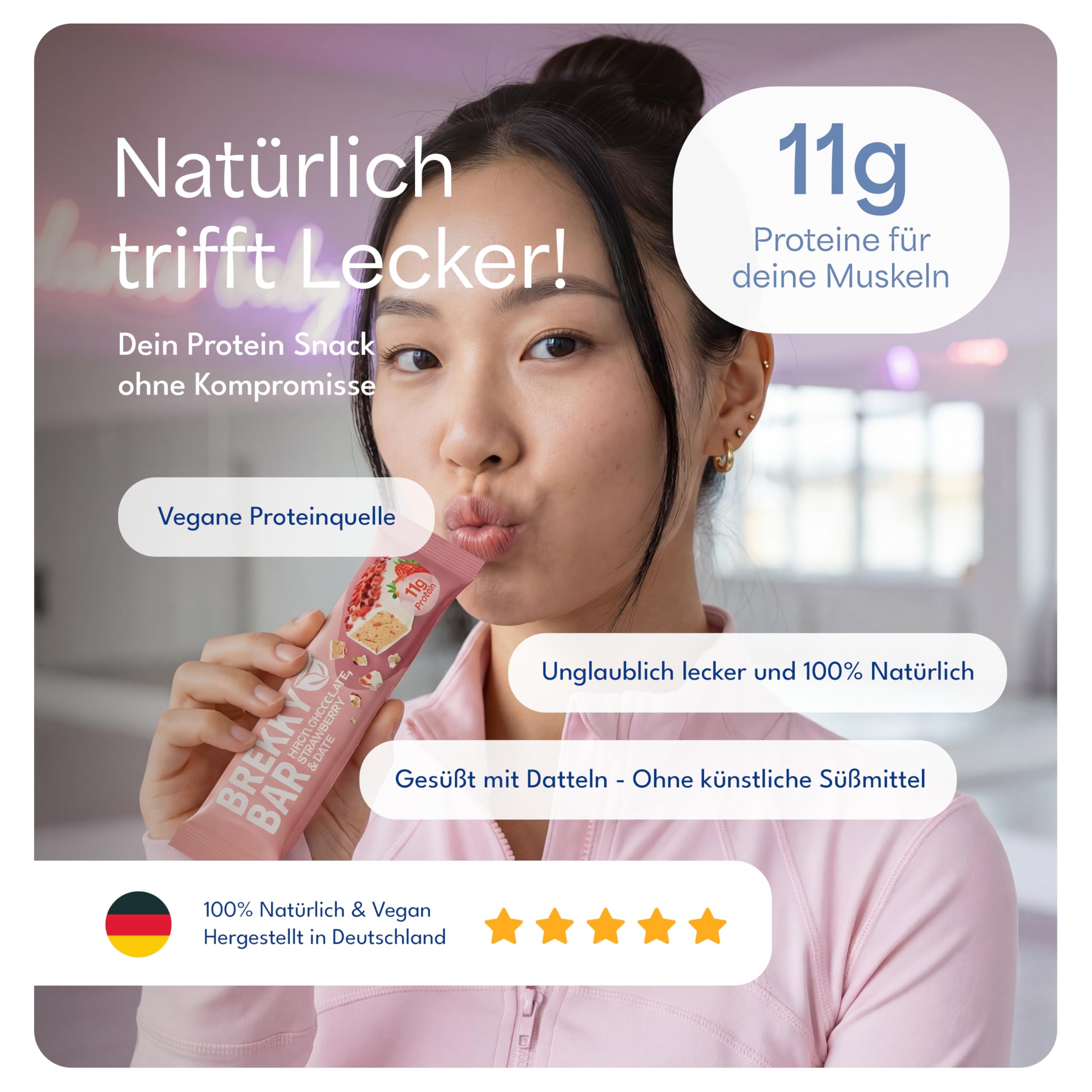 Brekky Bar Erdbeer Proteinriegel Vegan – 11g pflanzliches Protein pro Riegel – ohne Zuckerzusatz, 100% vegan & natürlich – High Protein Riegel mit Datteln, Mandeln & Erdbeeren