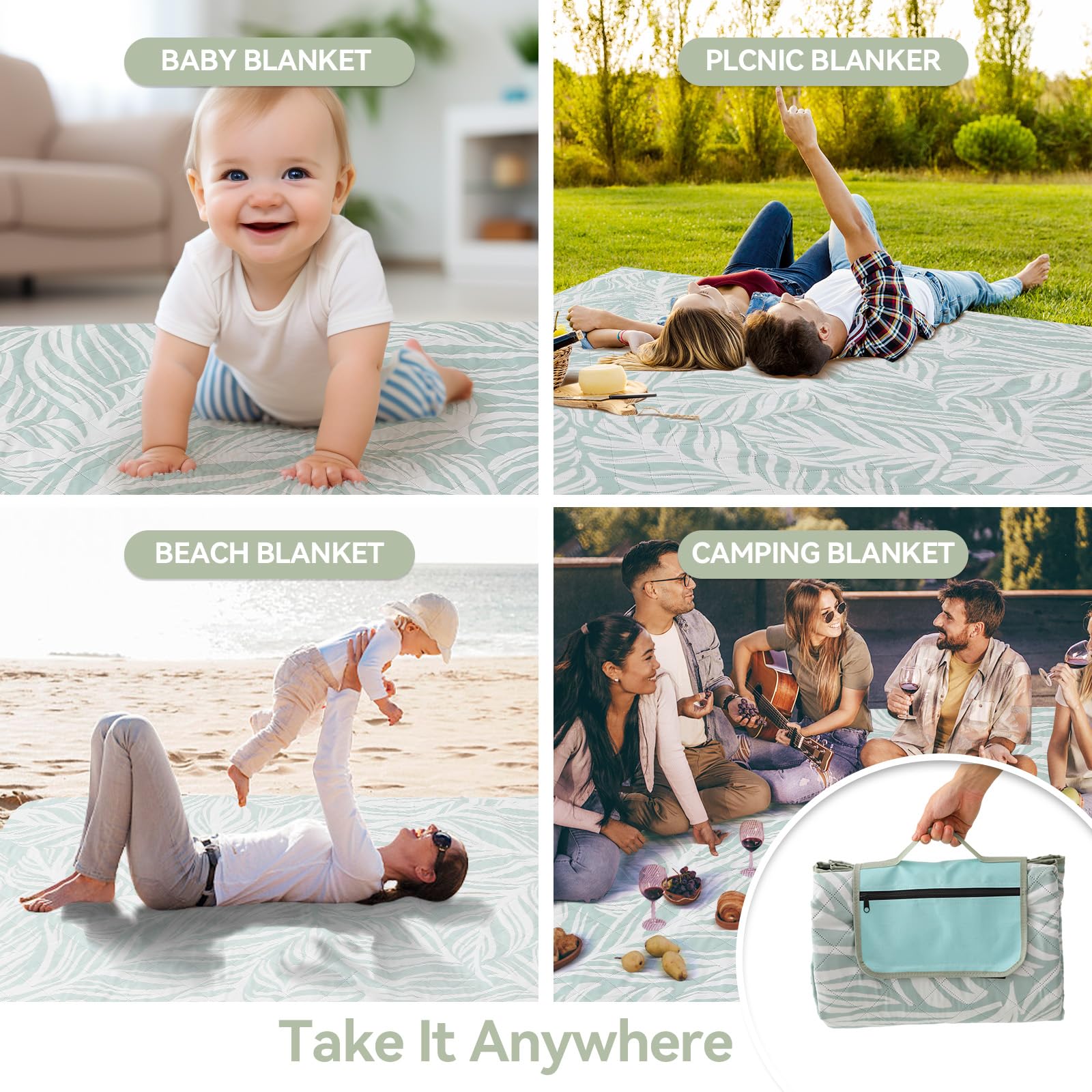 OESSUF Picknickdeken waterdicht, 3-laags, extra groot, 3-laags dik stranddeken, outdoor, campingdeken, machinewasbaar, opvouwbare picknickmat, Scandinavisch groen
