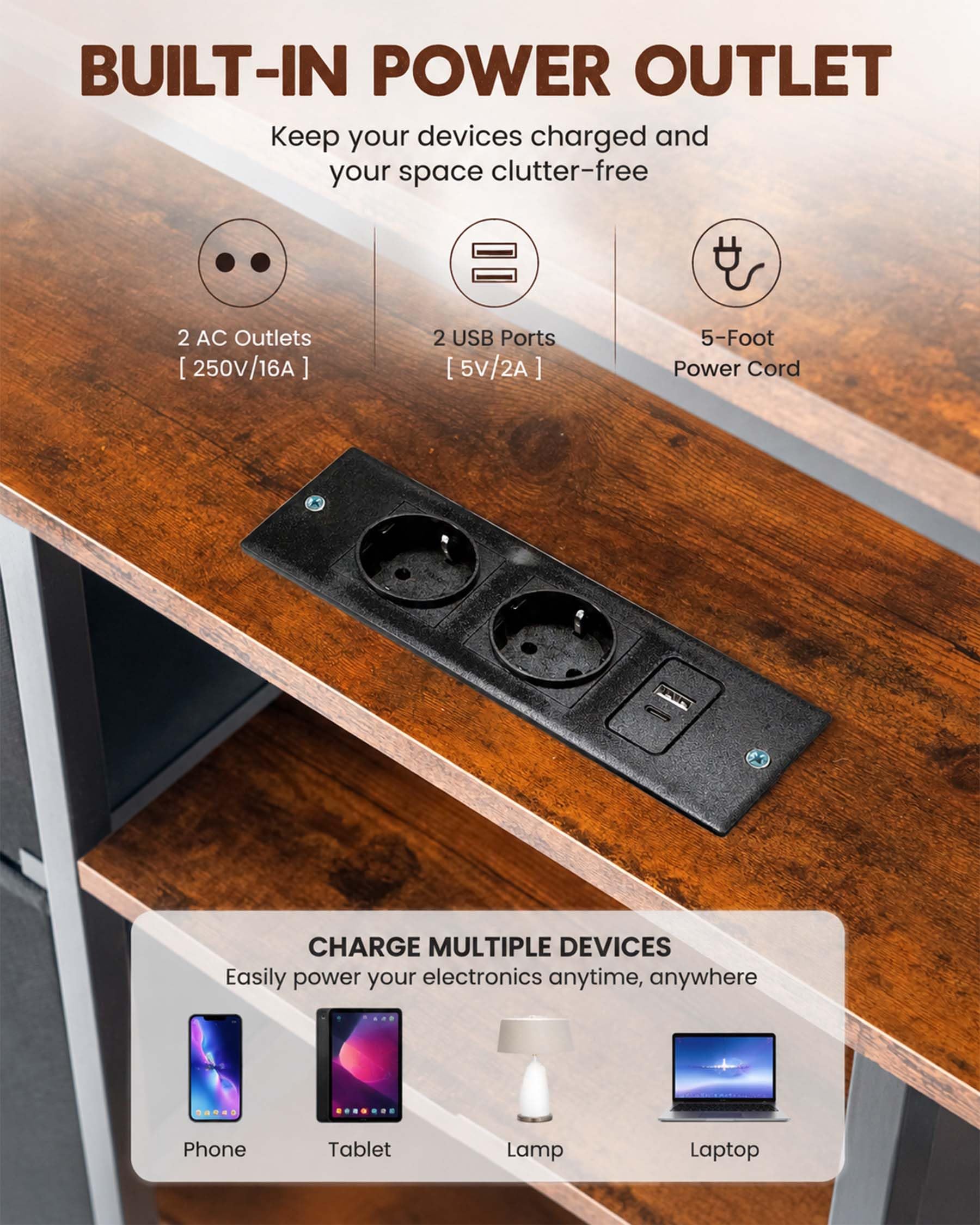 Hitsuki Meuble TV LED Meuble Télé Industriel Noir et Bois 110×30×78cm | PRISES ET RANGEMENT Deux prises et deux ports USB avec câble d’alimentation plus 4 tiroirs en tissu pour un usage quotidien