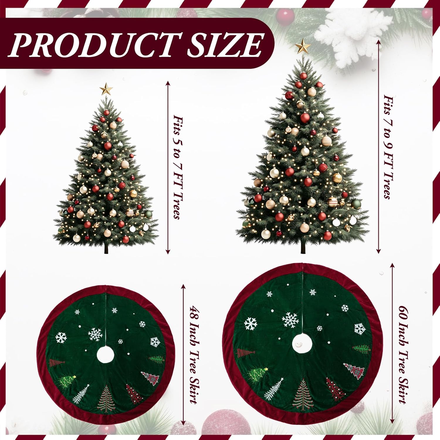 Soulchen 48 Inch Velvet Christmas Tree Skirt Dark Red and Green Large Plush Fur Skirt with Xmas Pine Tree Snowflake Embroidered for Vintage Farmhouse Rustic Holiday Party Decorations