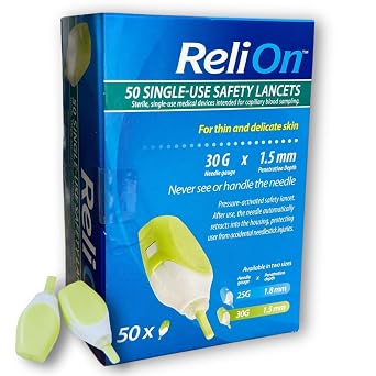 ReliOn Lancing Device - Single Use 2 In 1 30G Needle, For Thin and Delicate Skin, 50 Count Pack of 1, Boxed by Fusion Shop Store., Small