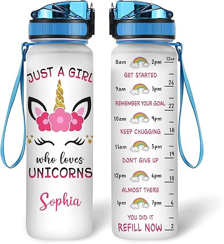 Hyturtle Botellas de agua personalizadas de unicornio para niñas, Just A Girl Who Loves Unicorns, botella de agua motivacional de 32 onzas, 1 litro,