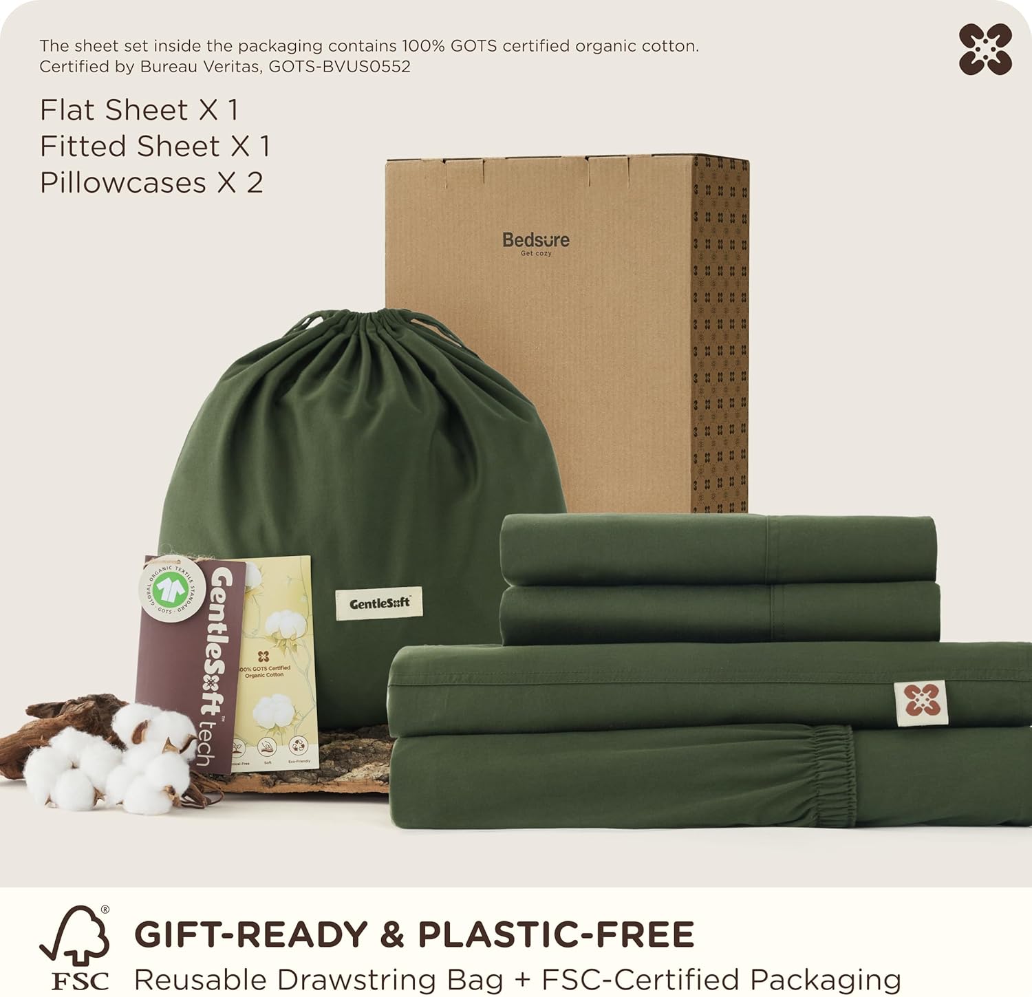 Bedsure 100% GOTS Certified Organic Cotton Sheets, Queen Sheet Set, 17" Deep Pocket Bedsheets with Corner Straps, Eco-Friendly, Soft, Breathable & Luxury PureWoven Cotton Hotel Bedding, Olive Green