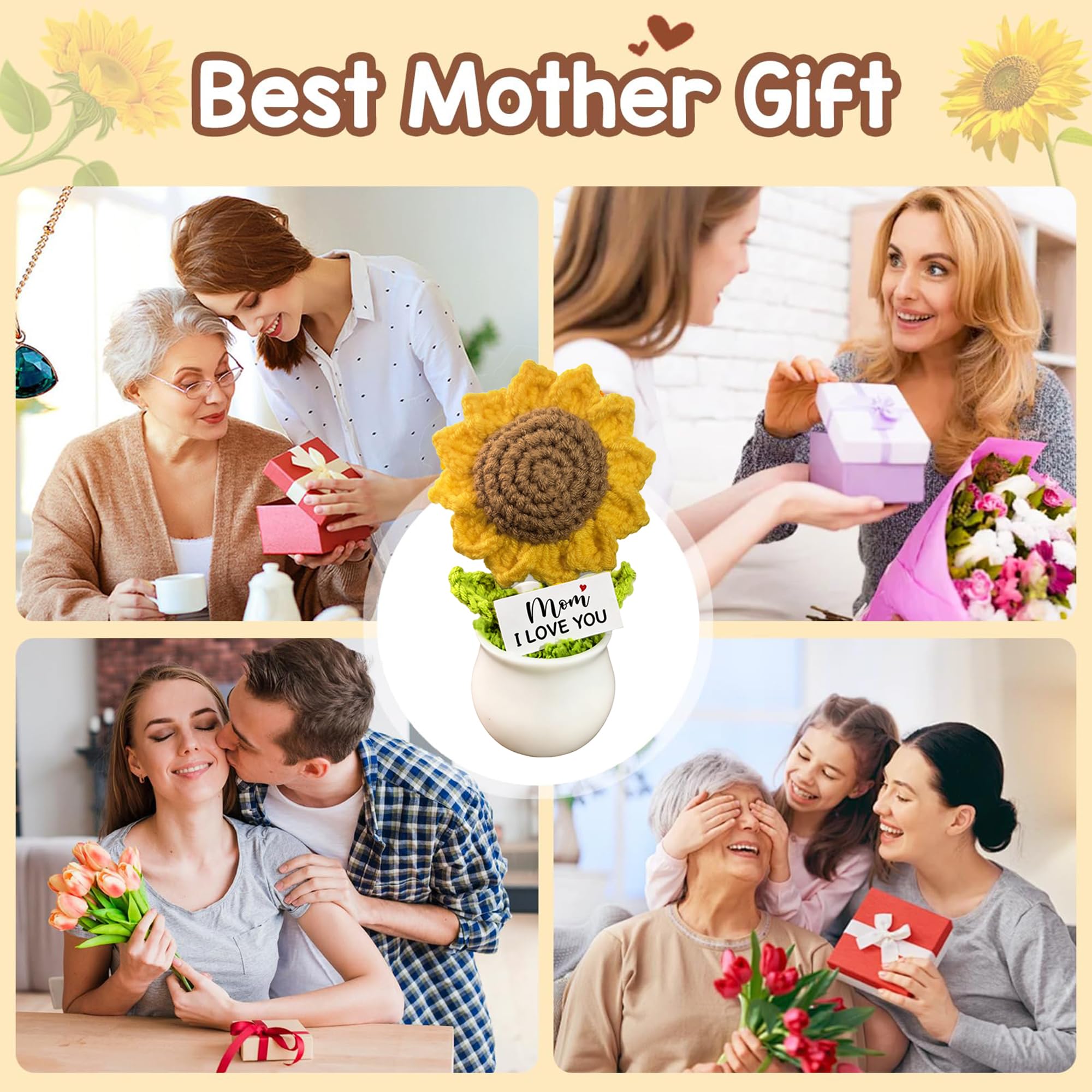 Regali per mamma, festa della mamma, compleanno, mamma, regalo da figlia, figlio, uncinetto, girasole, fiori artificiali