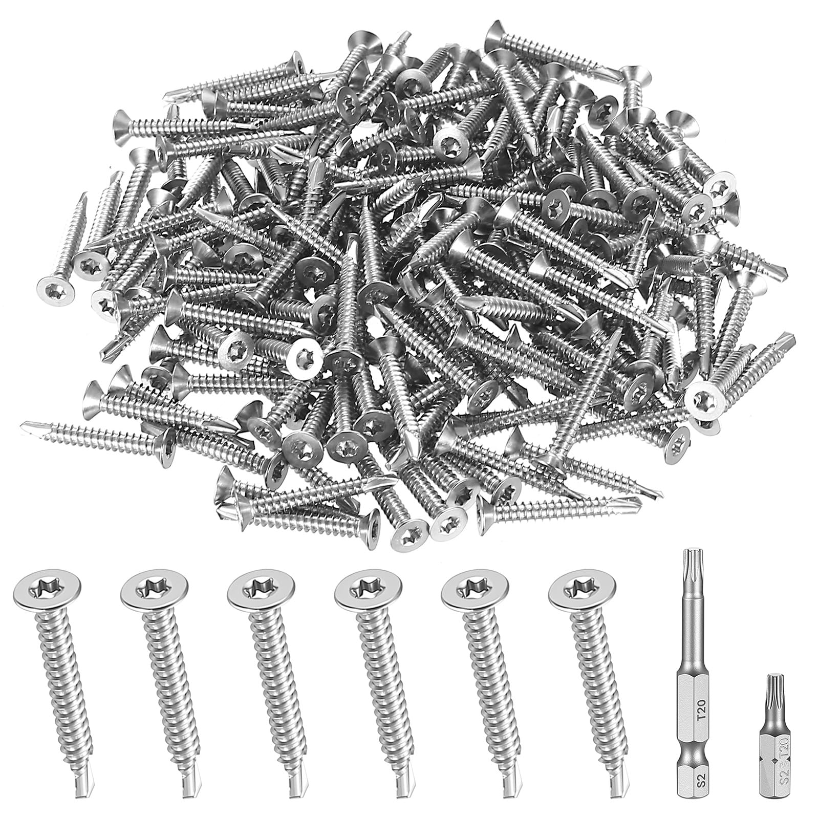 200 Pcs Self Tapping Screws Metal, M4.2 x 32mm Stainless Steel Flat Head Self Drilling Screws, Torx Screw Set for Sheet Metal Steel Wood Plastic, with 2 Bits (188Pcs-M4.2 x 32mm)