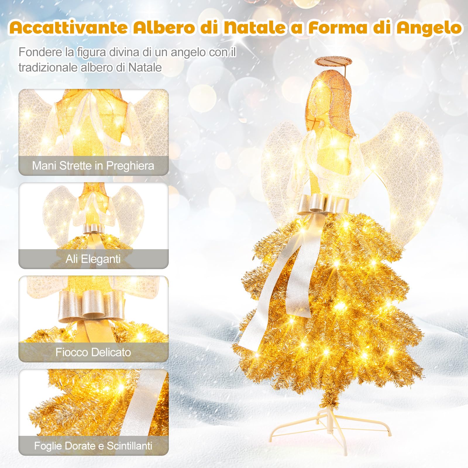 COSTWAY Angelo Natalizio Illuminato da Esterno 157 cm, Angelo 3D con 150 Luci Bianche Calde Pre-Illuminate, Decorazione Natalizia per Giardino, Cortile e Prato (Modello 5)