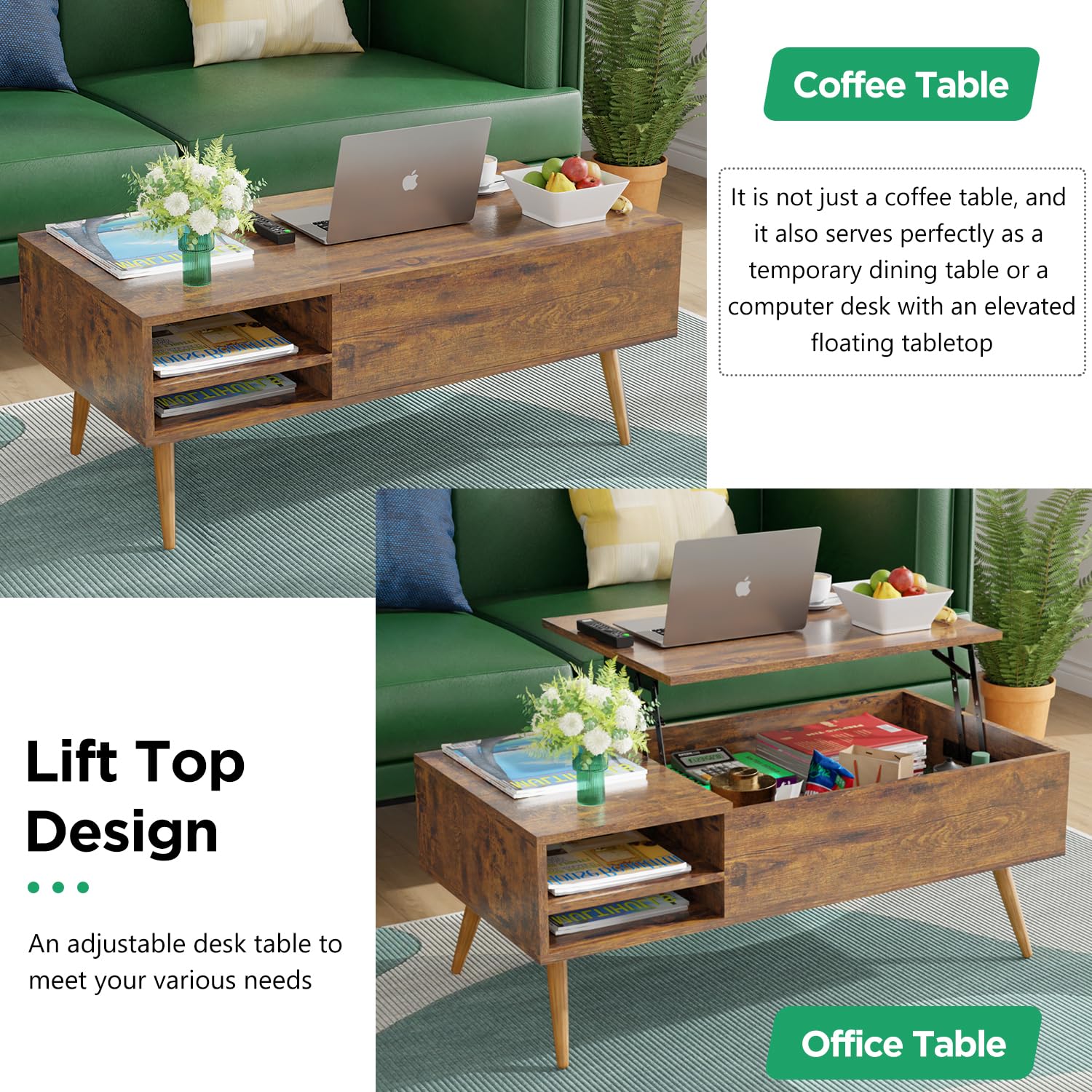 PayLessHere 39" Lift Top Coffee Table with Adjustable Storage and Hidden Compartment Small Wood Coffee Table Center Table for Home Living Room Office Apartment Reception Room,