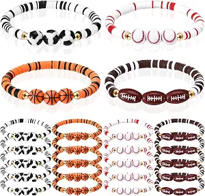 Tondiamo 24 Pcs Sports Charm Bracelets Bulk Basketball Baseball Soccer Football Clay Bead Ball Bracelets for Sports Birthday Party Favors Team Valentine Gifts Goodie Bag Stuffers