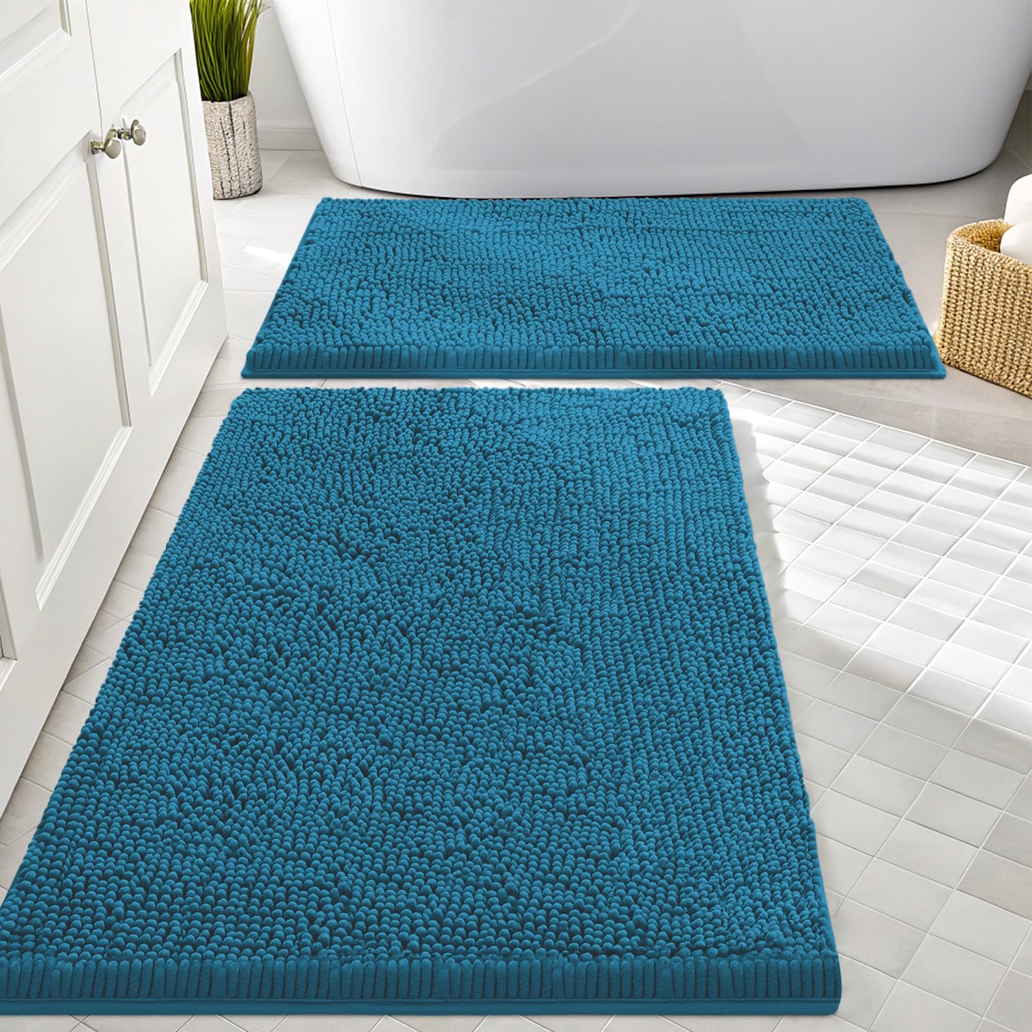 Smiry Chenille Bathroom Rugs Sets 2 Piece (30x20+24x16, Peacock Blue)