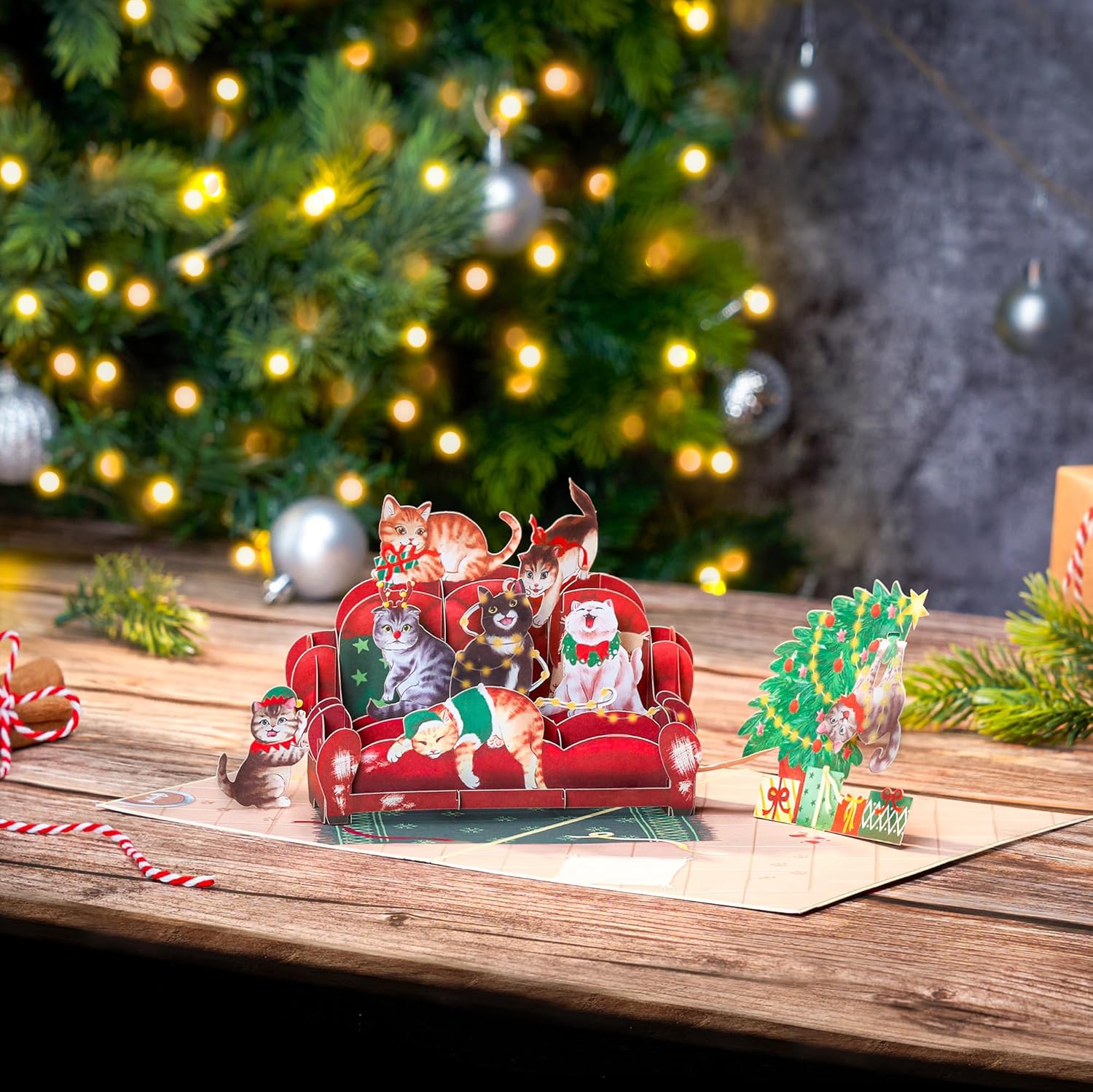 Christmas Sofa Cats Pop Up Card, Meowy Christmas, Xmas Tree, 3D Greeting Card, Gift for Cat Person, Kid, Boy, Girl, Sister, Brother, 5x7 - Includes Envelope And Message Note - Image 4