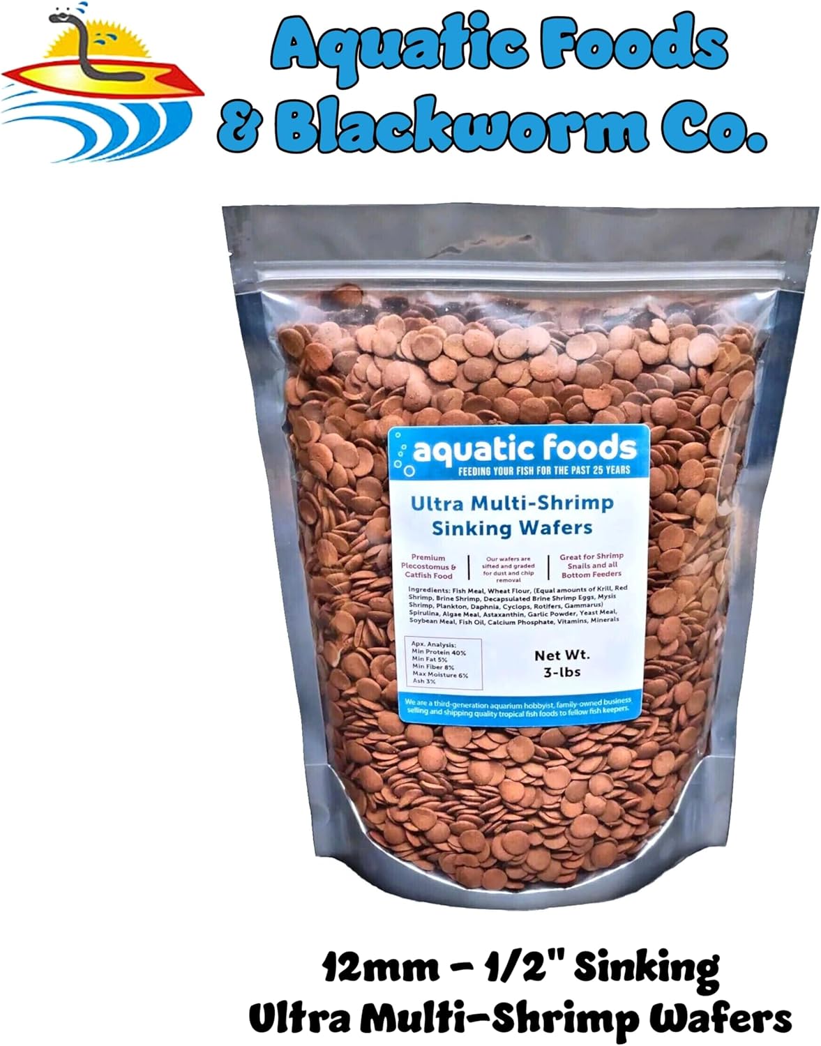 Aquatic Foods Inc. Ultra Multi-Shrimp 12mm - 1/2" Sinking Wafers of 10-Types of Shrimp. Ideal for Plecos, Shrimp, Snails, Crabs, Bottom Fish, All Herbivorous and Omnivorous Tropical Fish...3-lb Bag