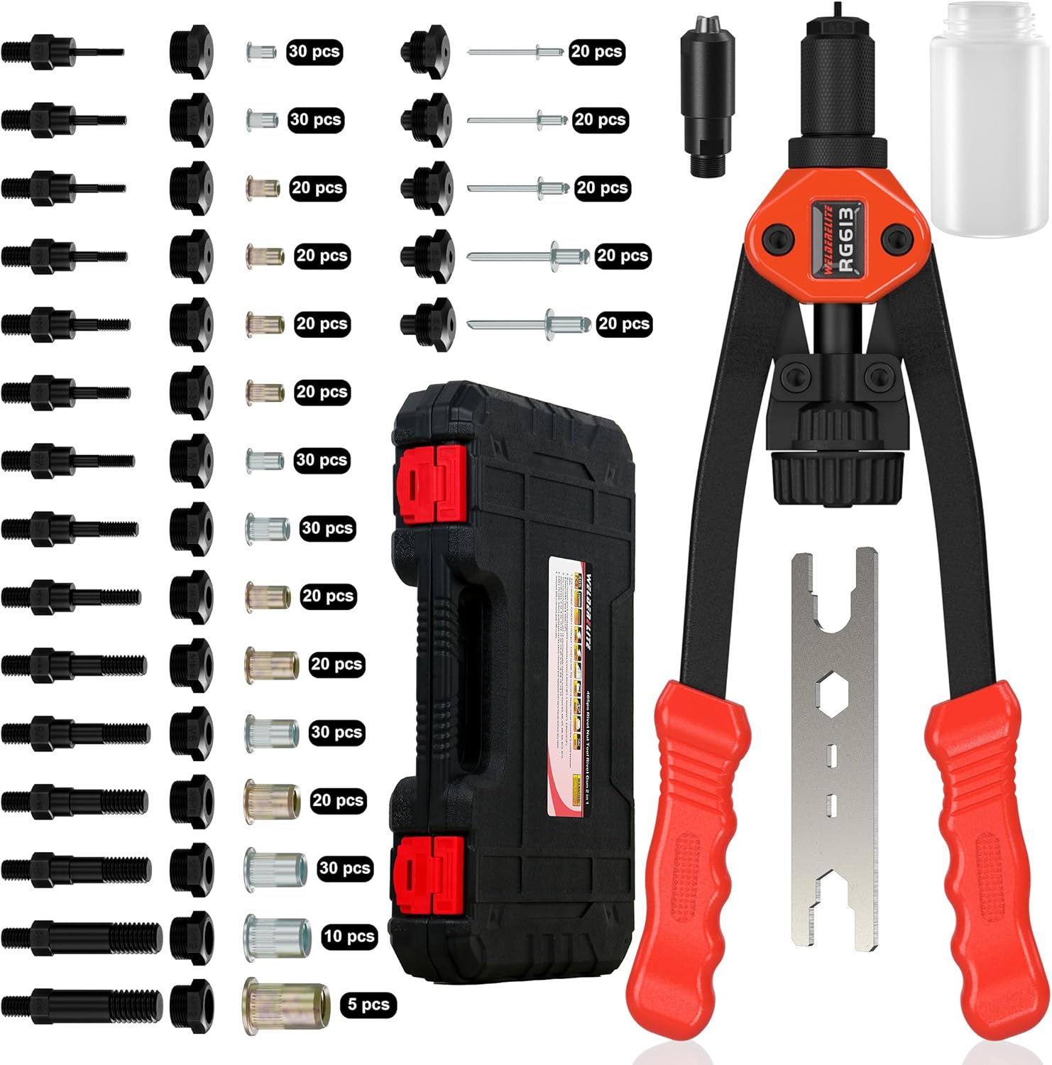 Dual-Function Rivet Nut Tool Rivet Gun Kit Including 405 pcs Rivet Nuts Blind Rivets 15 Mandrels 5 Rivet Nozzles, Multi-Purpose