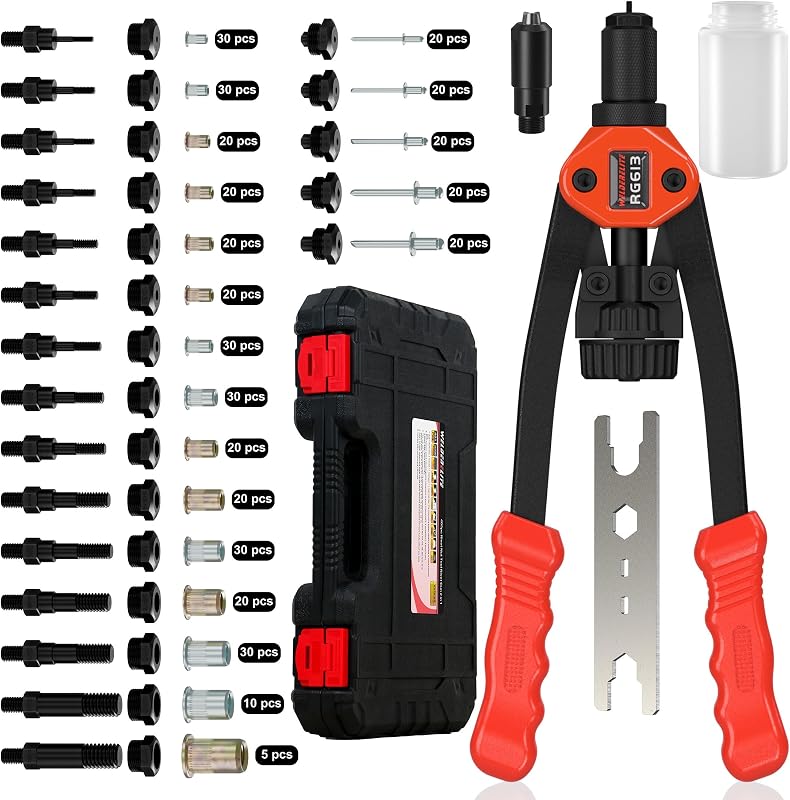 Dual-Function Rivet Nut Tool Rivet Gun Kit Including 405 pcs Rivet Nuts Blind Rivets 15 Mandrels 5 Rivet Nozzles, Multi-Purpose