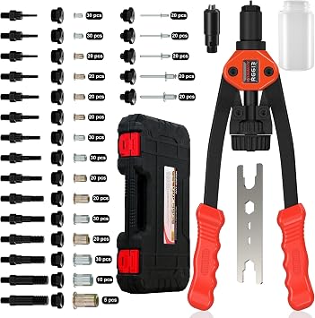 Dual-Function Rivet Nut Tool Rivet Gun Kit Including 405 pcs Rivet Nuts Blind Rivets 15 Mandrels 5 Rivet Nozzles, Multi-Purpose