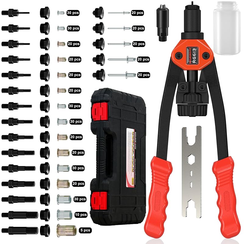 Kit Rebitador de Porcas e Rebites WelderElite RG-613 com 405 Peças, 15 Mandris e 5 Bicos, Laranja