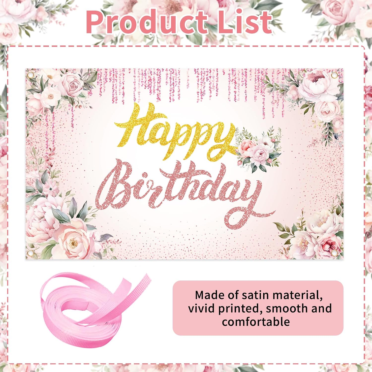 Pink Floral Happy Birthday Backdrop Banner for Women Grils, Spring Wildflower Photography Background Rose Gold Sign Letters Glitters Wild Flower Blossom Plant Pastel Banner 3 by 5 Ft