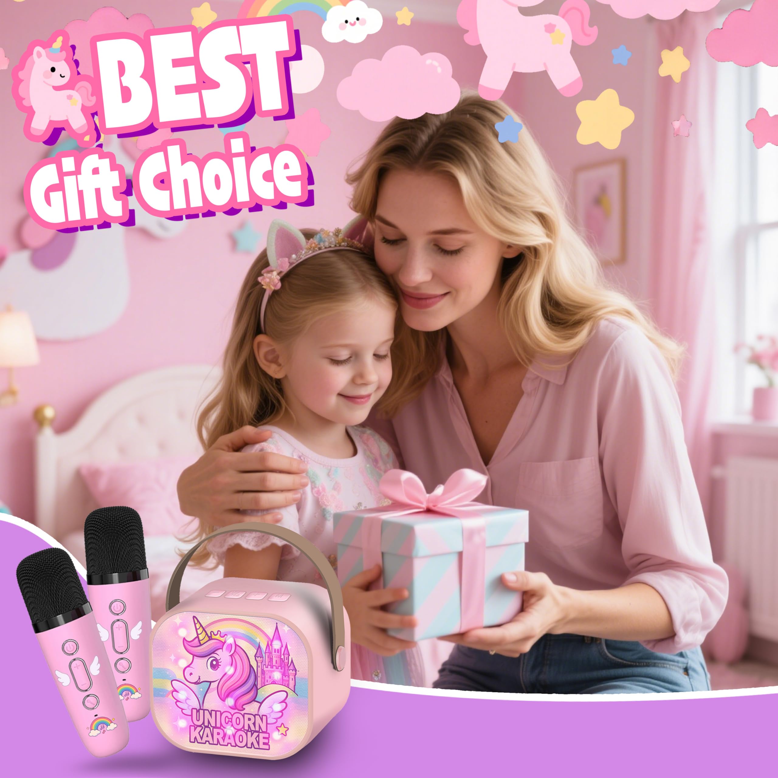 Micro Karaoké Enfant,Mini Enceinte Bluetooth avec 2 Micros sans Fil, Cadeau Fille 3 4 5 6 7 8 9 Ans, Licorne Jouet Musical pour Filles, Idée Cadeau Anniversaire,Micro Enfant pour Chanter
