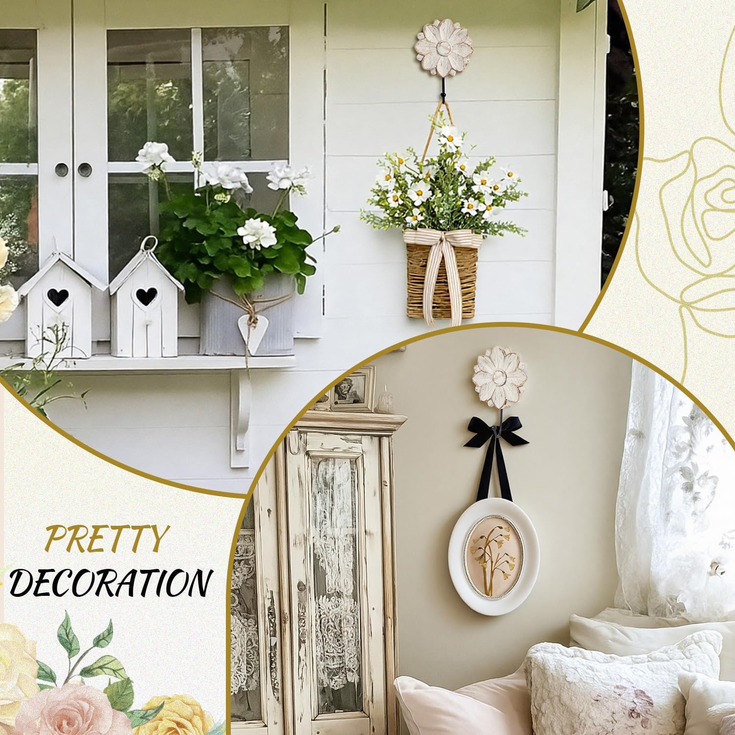 Weysat 4 Pcs Vintage Hooks for Wall Wood Farmhouse Towel Hooks Shabby Chic Wall Decor Boho Coat Hanger for Home Kitchen Office Keys Bags Towel (Floral)
