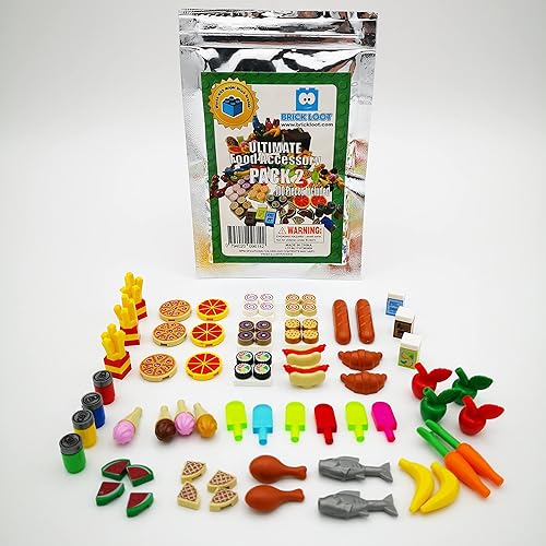 Paquete de accesorios para alimentos Ultimate 2 con 100 piezas impresas personalizadas compatibles con LEGO y todas las principales marcas de