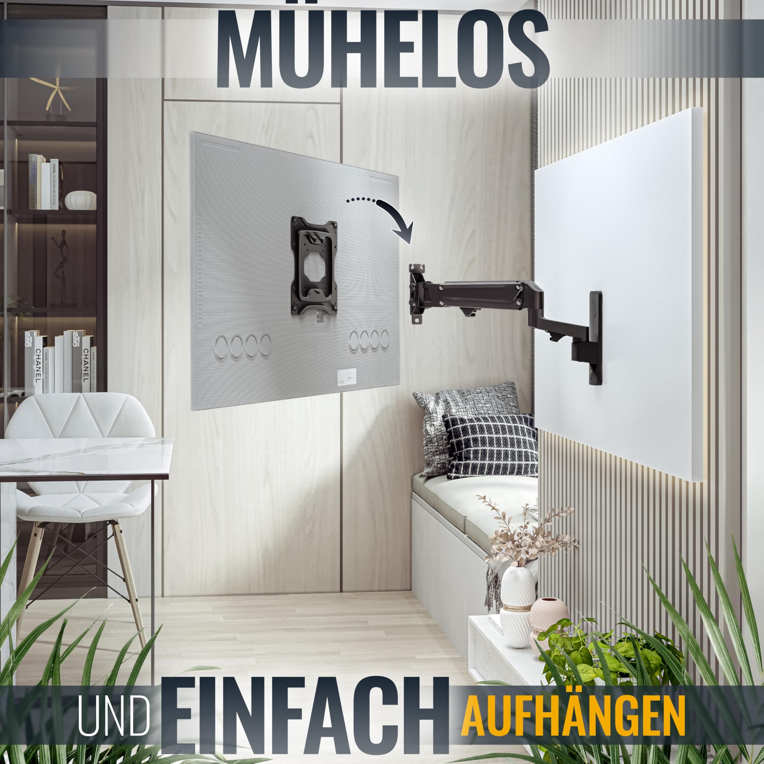 RICOO TV Wandhalterung Fernseher Halterung Gasfeder Schwenkarm für 32-55 Zoll Fernsehhalterung für Wand S4422 Höhenverstellbar Schwenkbar Neigbar Flach Curved Fernseh-Arm bis 23-Kg & VESA 100 & 200