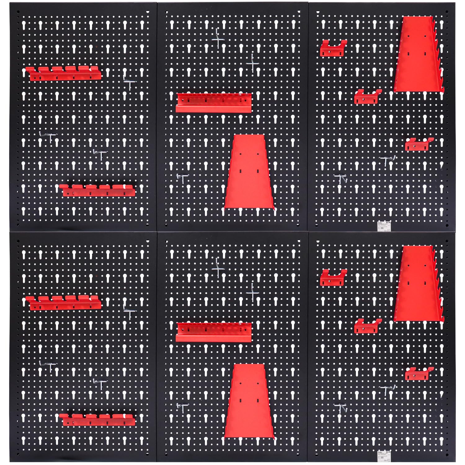 Belko® Juego de 2 paneles de herramientas de color rojo, 120 x 60 cm cada uno (combinable a 240 x 60 cm o 120 x 120 cm), incluye juego de 34 piezas de ganchos y estanterías, soporte organizador de
