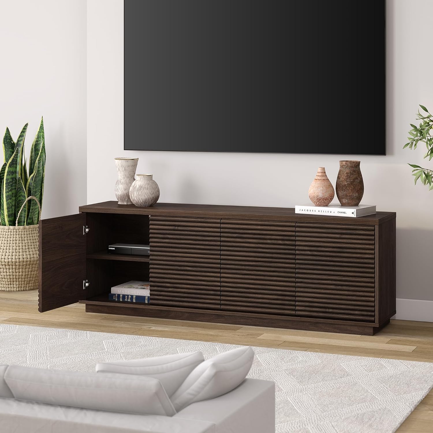 Henn&Hart Fluted TV Stand for TVs up to 78" with 2 Ribbed Storage Cabinets and Adjustable Shelves for Living Room, Family Room, or Office, Warm Brown