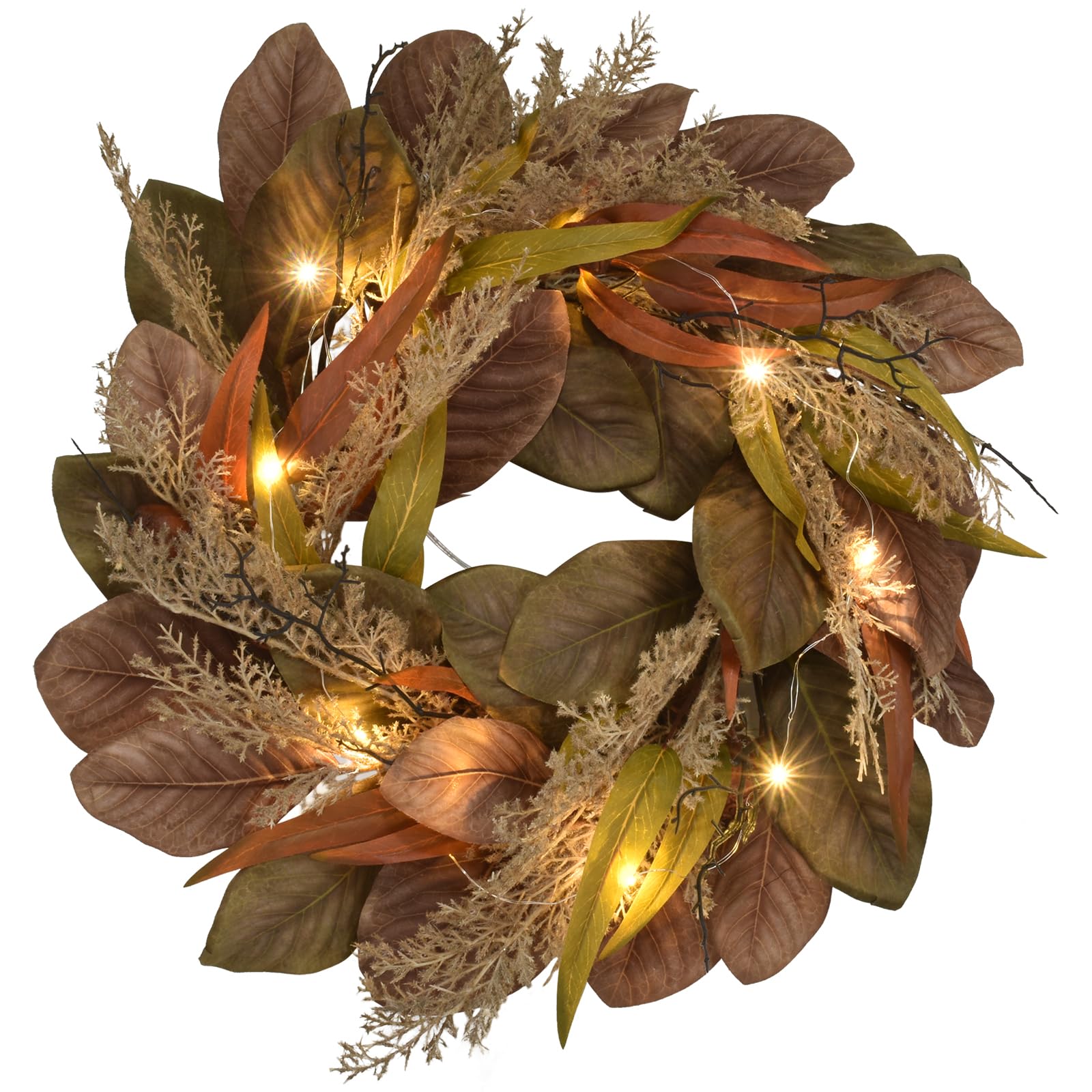 Christmas Wreaths with Led for Front Door Outside Decor, 24'' Fall Decor with Silver Beads, Gray-Green Pine Needles, Conifer Leaves, Large Horns for Home Porch Home Indoor (24‘’Wreaths)