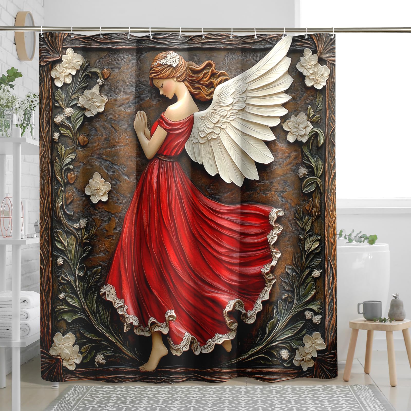 Rideau de douche en tissu imperméable avec crochets en forme d'ange rouge pour décoration de salle de bain, toutes saisons, 157 x 183 cm