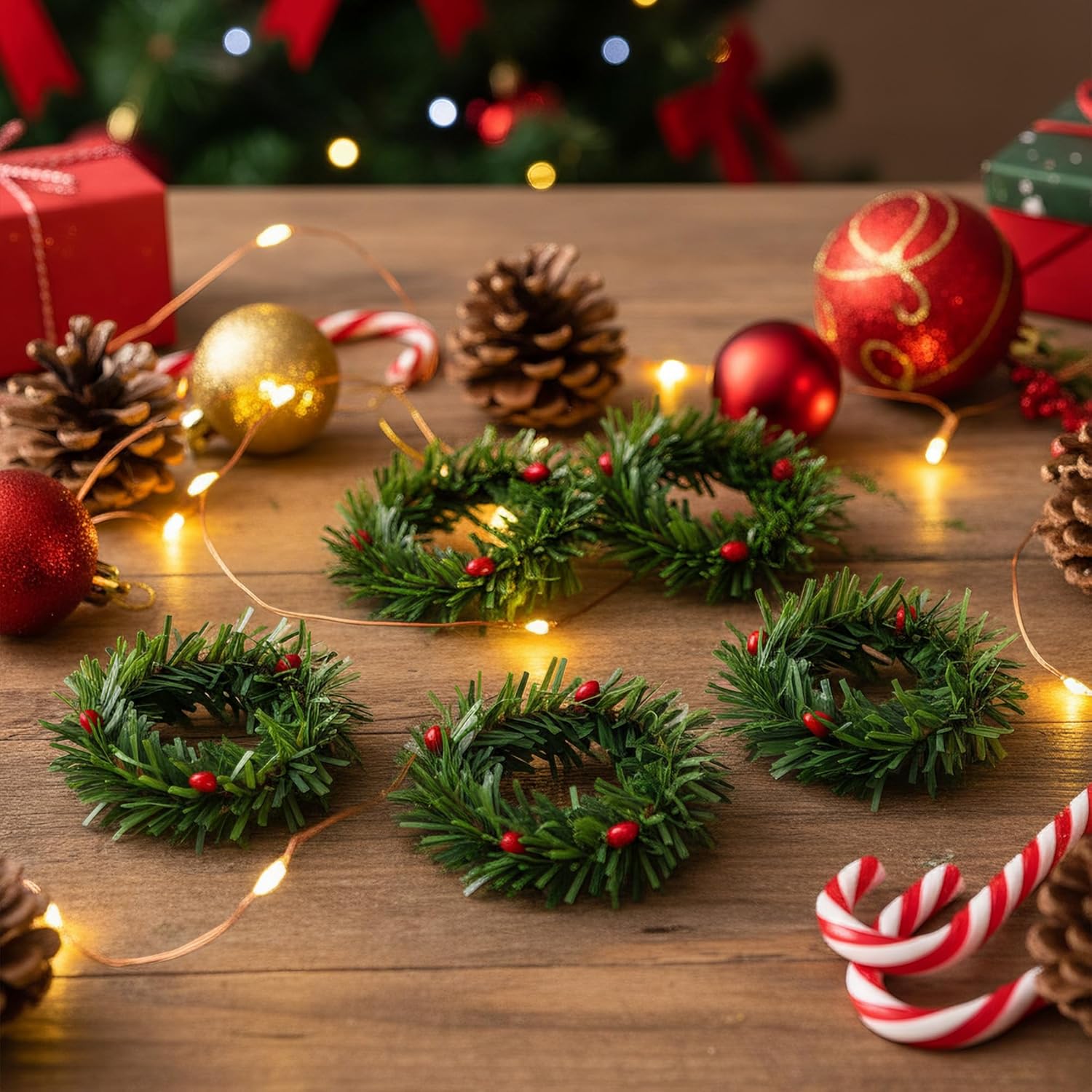 Mini Christmas Wreaths 10 Pack Plain Small Wreath for Kitchen Cabinet Window Indoor Decorations Holiday Mini Pine Wreath Ornaments with Red Berries 1.8 Inch - Image 7