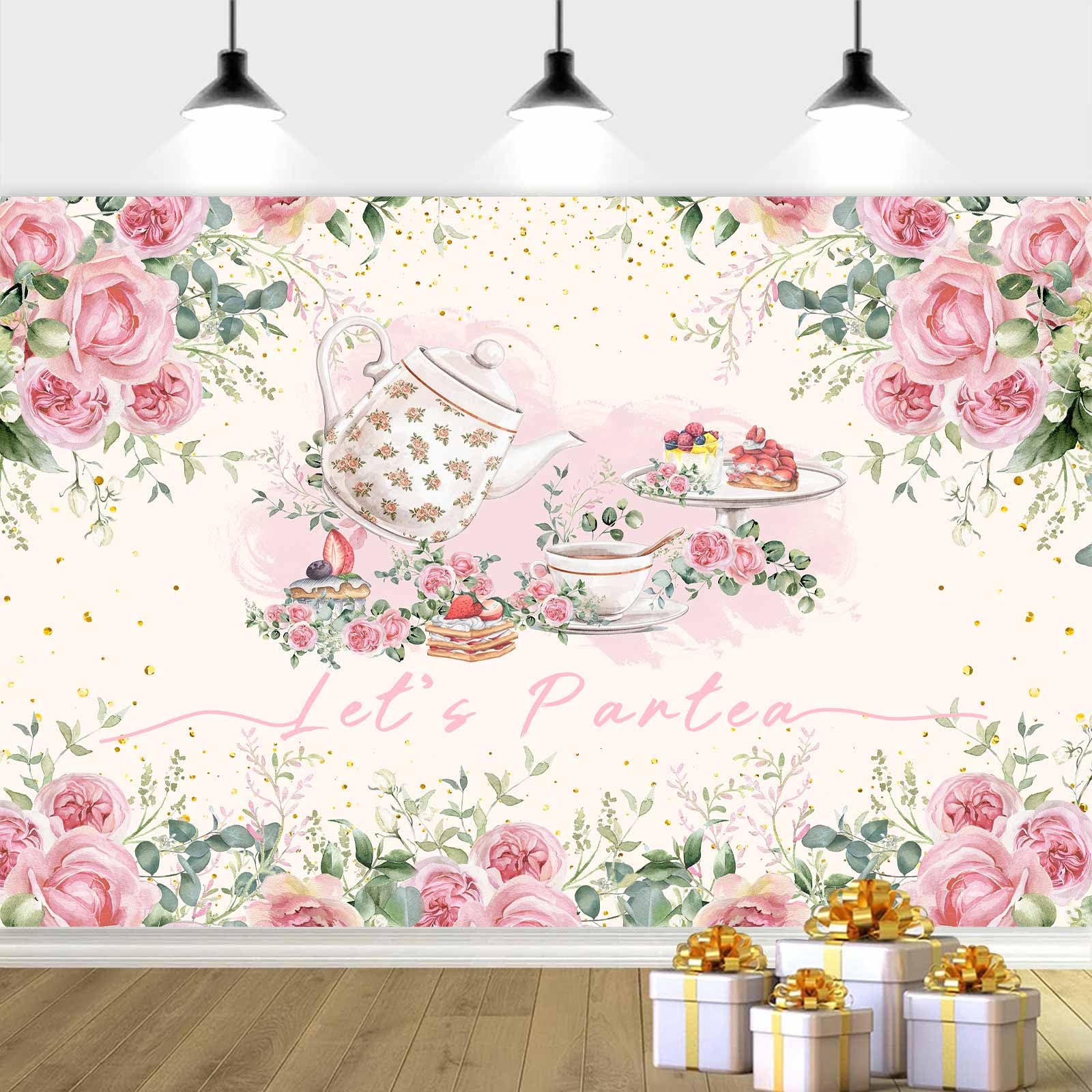 Photo 1 of 10X8ft Tea Party Backdrop, Let's Partea Backdrop Decor Pink Tea Time Party Background, Afternoon Tea Banner Decorations for Baby Shower Birthday Bridal Shower Photo Studio Props