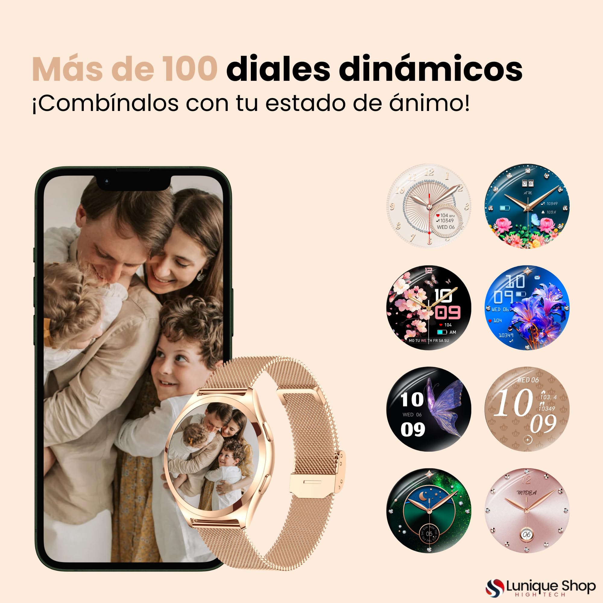 LSWATCH Reloj Inteligente Mujer con Llamada,1,6 “, 2 Correas, Smartwatch Seguimiento del Periodo, 120+ Modos Deportes, Pulsómetro, SpO2, Monitor Sueño Podómetro para Android iOS Oro Rosa