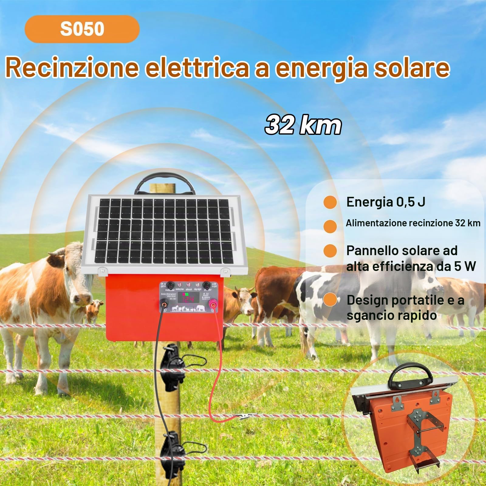 32KM Recinzione Elettrica Solare, 0.5J 9.5KV Pastore elettrico | Dispositivo 12V con Pannello Solare da 7.5W, mit Batteria 7Ah, Per Mucche, Bestiame, Allevamento Di Pollame, Pastore