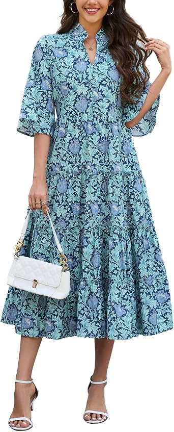 Womens Floral Ruffle Midi Dress V Neck Bell Sleeve Flowy Tiered Long Dress