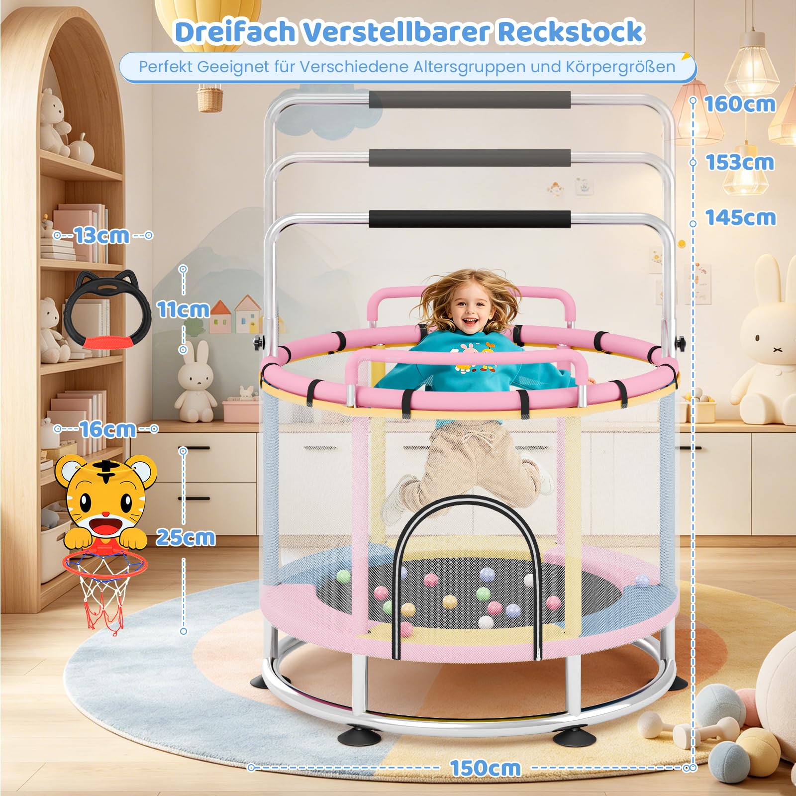 Trampolin Kinder 150cm mit Rundem Sockel und Zwei Handläufen Vorne und Hinten Outdoor/Indoor, 250kg Verstellbares,mit Andsäcken, Basketballkorb, Klimmzugstange und Hängematte für Jungen und Mädchen