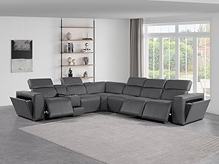 BlackJack Furniture Ernesto 7 Piece L Shaped Power Reclining Sectional Sofa, Modular Couch with Top Grain Italian Leather, 3 Electric Recliners, USB & Wireless Chargers, Storage Console, Dark Grey - Buy now