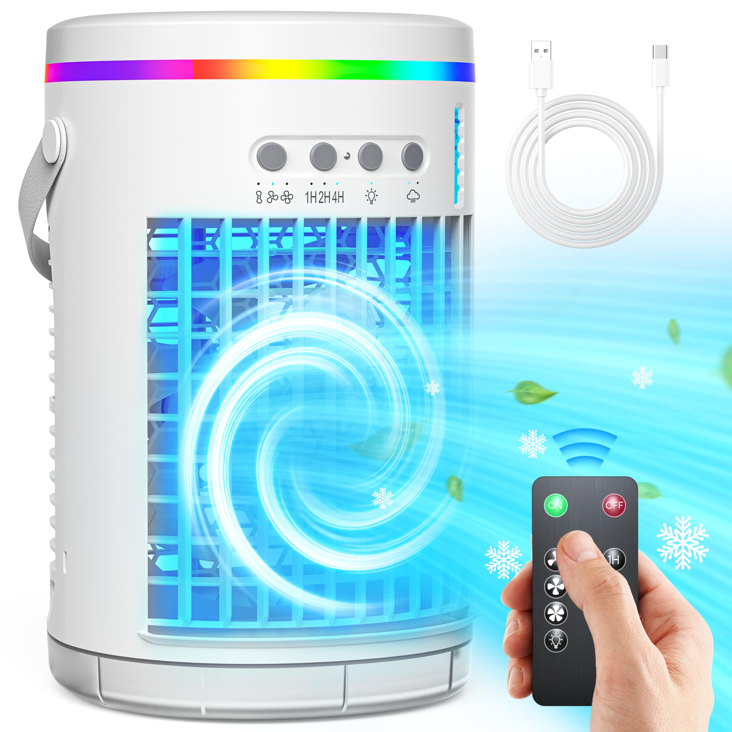 4 in 1 Portable Air Conditioners, 1400ml Evaporative Mini AC, 7 Color Lights, 3 Speed, Remote Control, Timer, White, BK20P