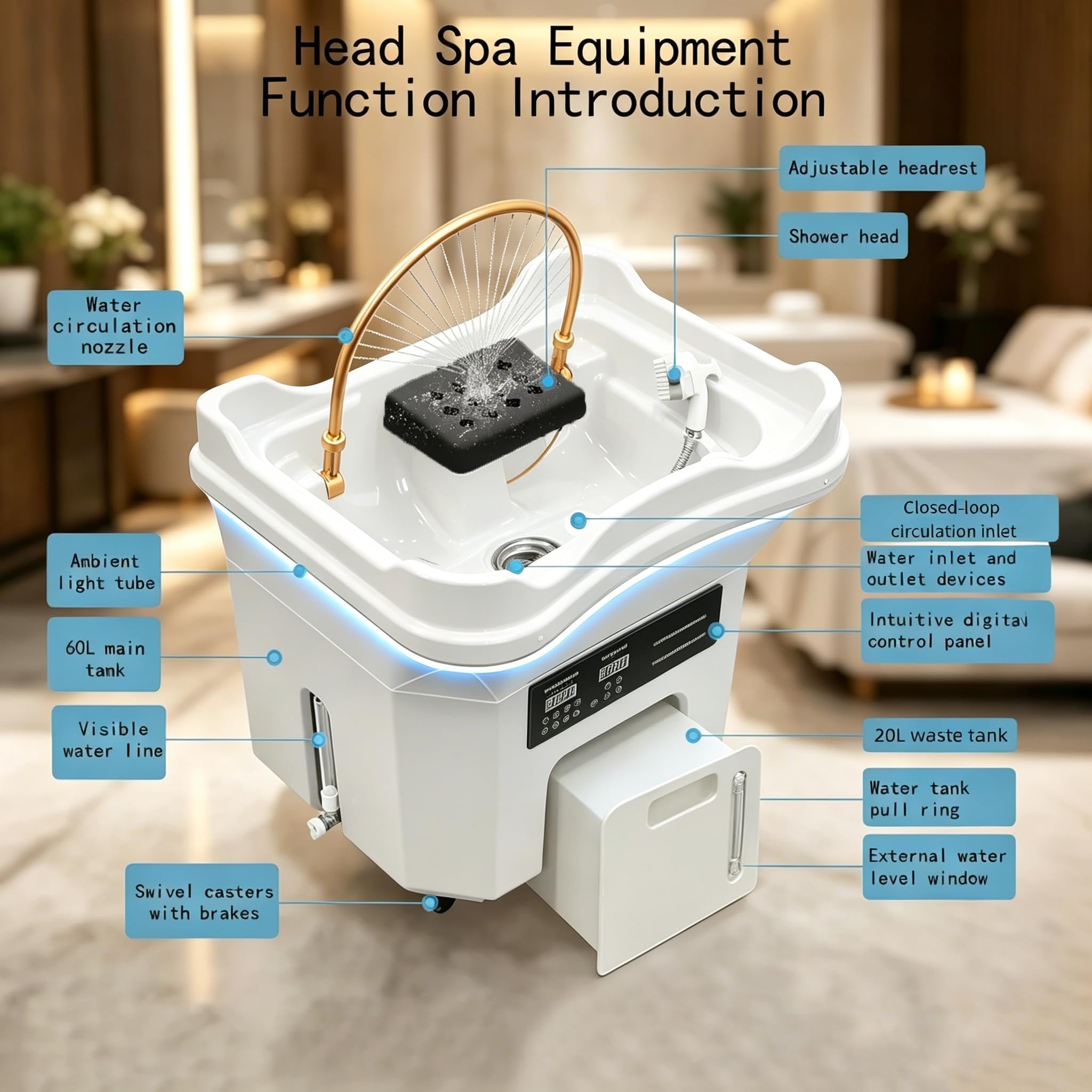 Generisch Neueste Head Spa, Mobiles Waschbecken mit 60L Wassertank und Abwassertank, inkl. Dampfhaube, Verneblung, Phototherapie und 4 Rollen, für Salon und Friseur， Konstanttemperatur-Wasserfall