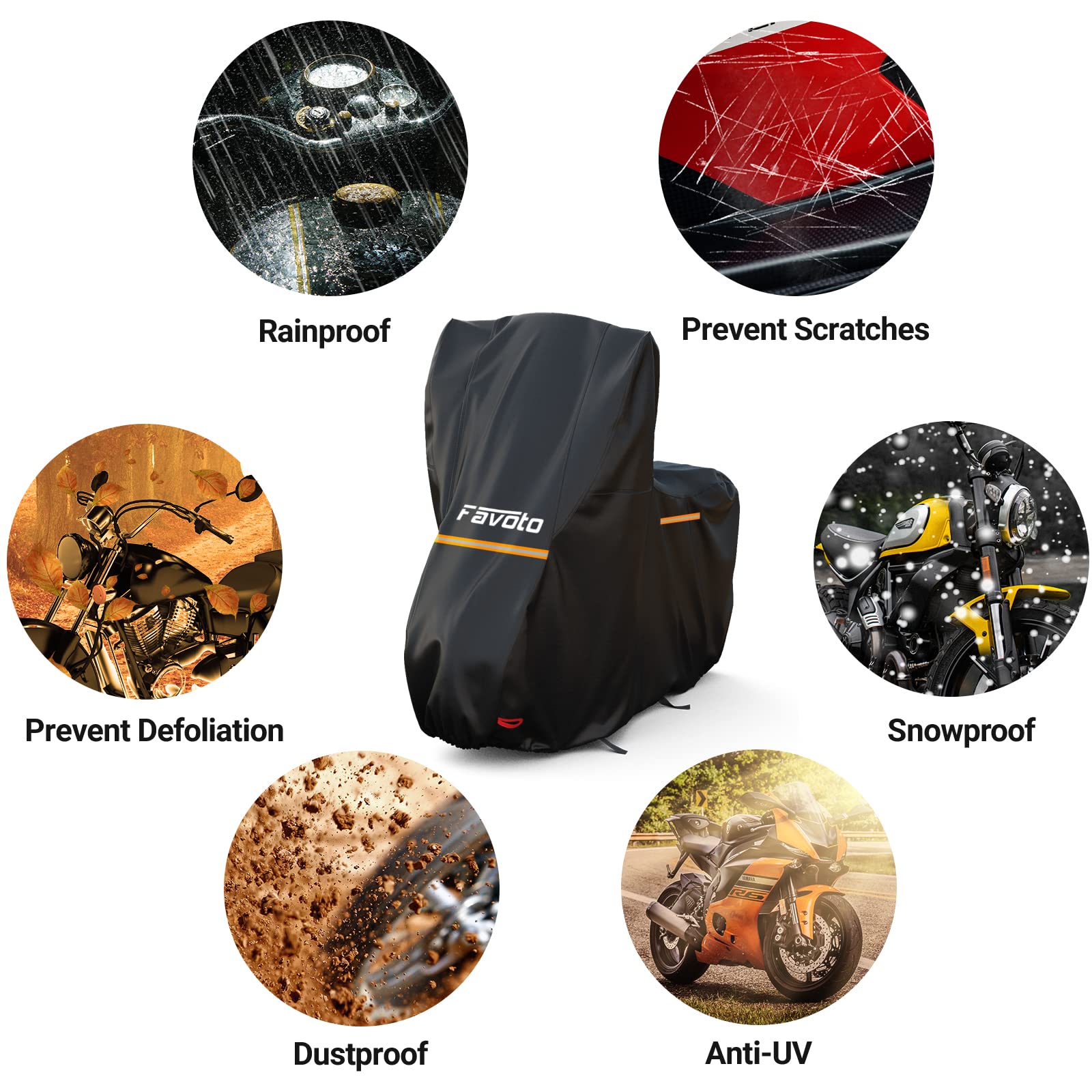 Favoto Funda para Moto Cubierta de Motocicleta 210D Oxford con Parabrisas Alto Tiras Reflectantes, Resistente a Agua Polvo Lluvia Viento Excrementos de Pájaros, 245x105x160cm Negro