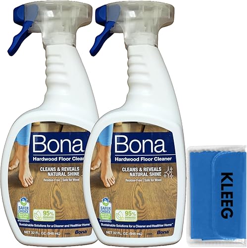 Bona - Spray limpiador de pisos de madera dura, 32 onzas líquidas, sin perfume, el paquete incluye paquete de paño de limpieza, solución de limpieza