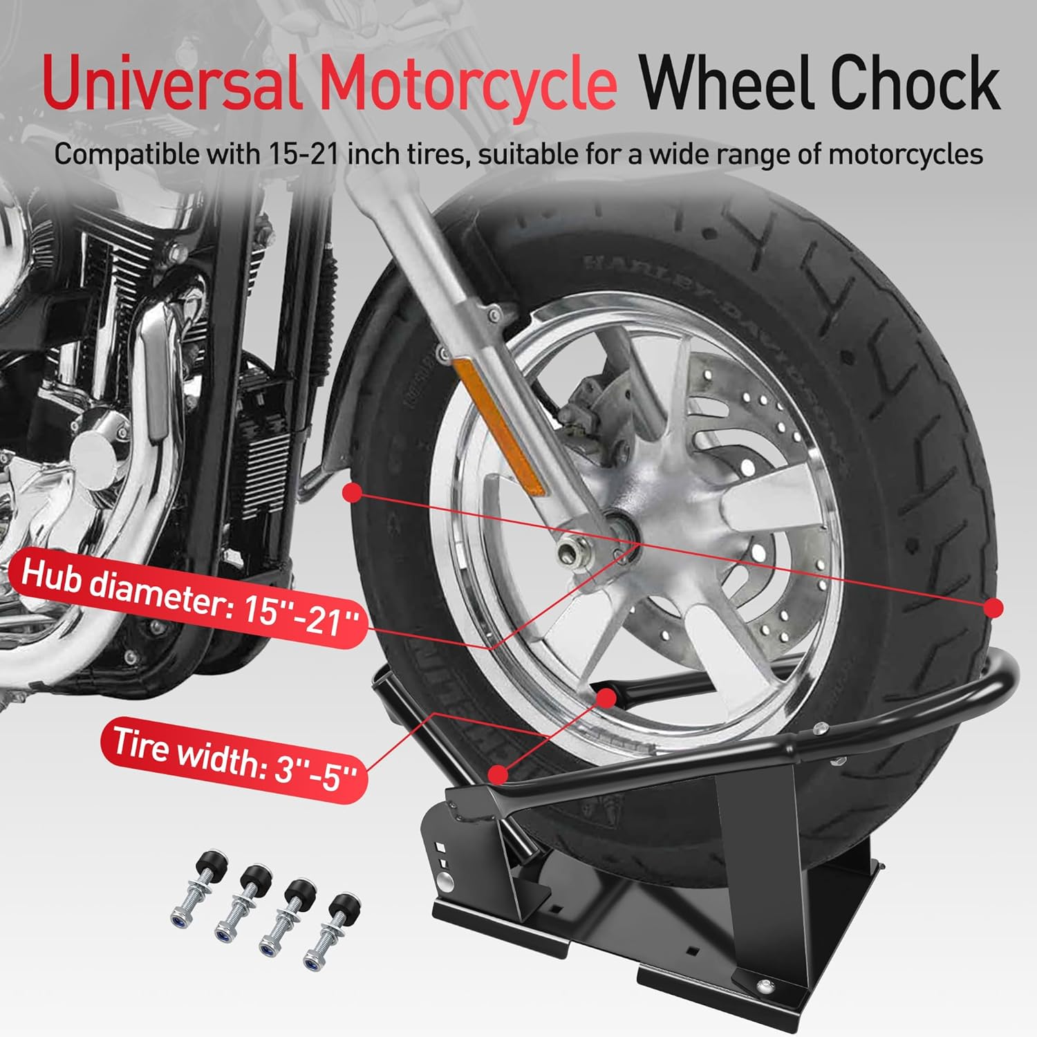 JY PERFORMANCE Motorcycle Wheel Chock, Universal Motorcycle Front Wheel Stand for Trailer, Cruiser, Sports & Dirt Bikes, 1800 lb Capacity Adjustable Wheel Stand for 15"-21" Wheels