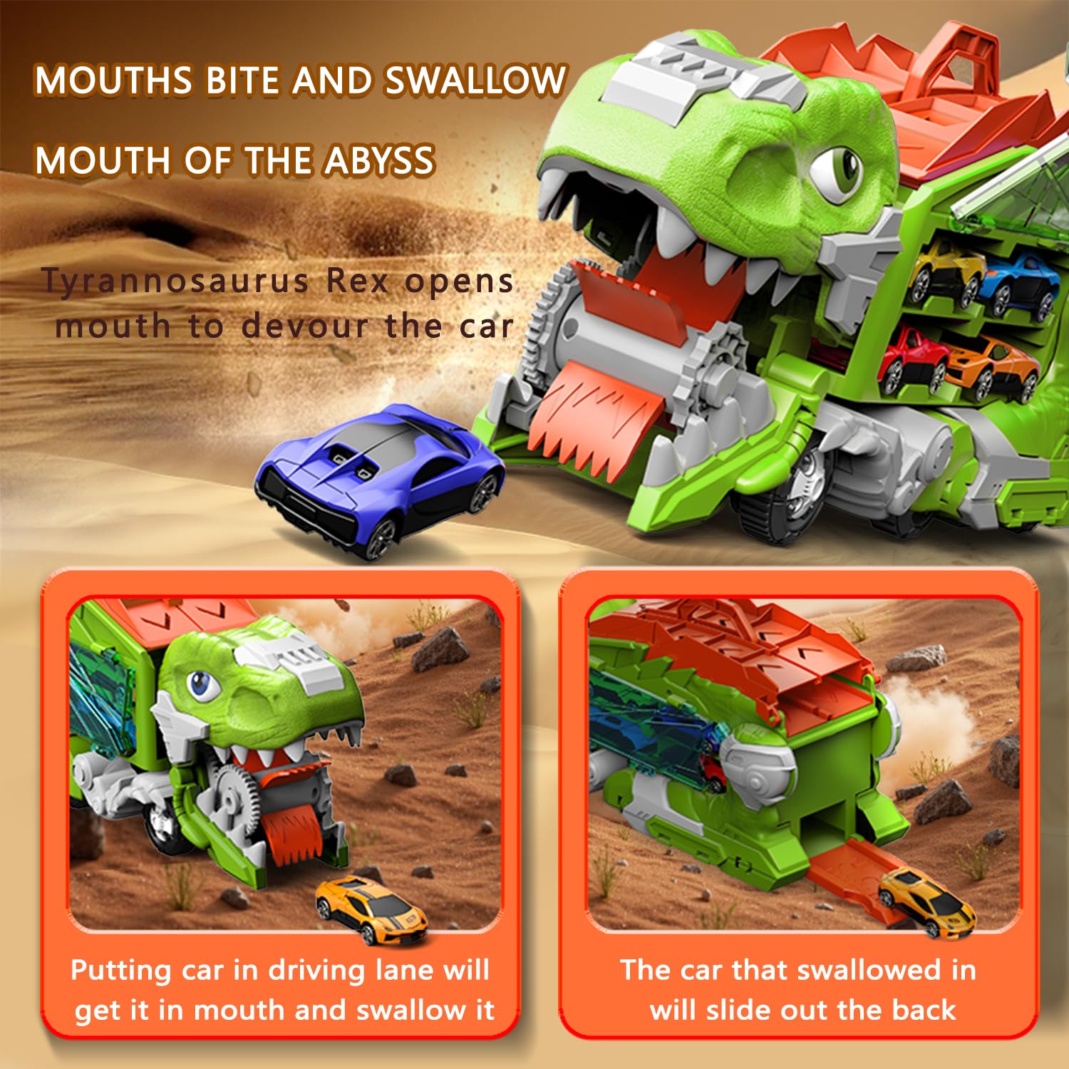 Dinosauro Camion Giocattolo con 8 Macchinine, Dinosauri Trasformabili per bambini 3 4 5 6 7 8+Anni,Garage,Set Pista da Corsa,Transforms in Dino con Ali,Camion Furgoni,Regali di Compleanno per Bambini