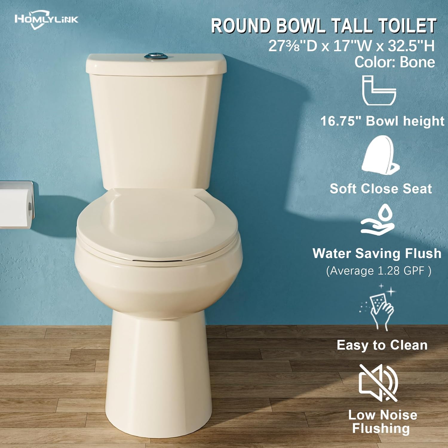 Compact Tall Toilet 17 Inch for Small Bathroom, Chair Height ADA High Toilets, Comfort Bowl Heigh 16.75", Seat Height 17.5", Two-Piece Dual Flush 1.1/1.6 GPF, 12 Inch Rough-in, Bone Color