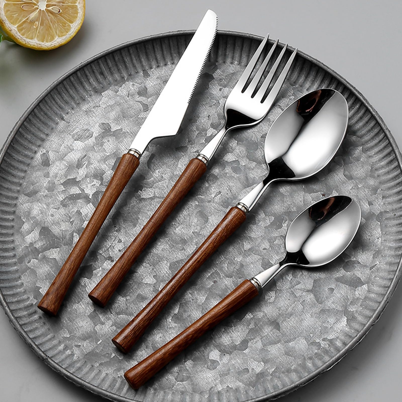 Este Juego de Cubiertos de Madera de 48 Piezas para 12 Personas Incluye un Elegante Juego de Cubiertos de Acero Inoxidable para la Mesa, Ideal para el hogar, la Cocina o el Restaurante. Cuen