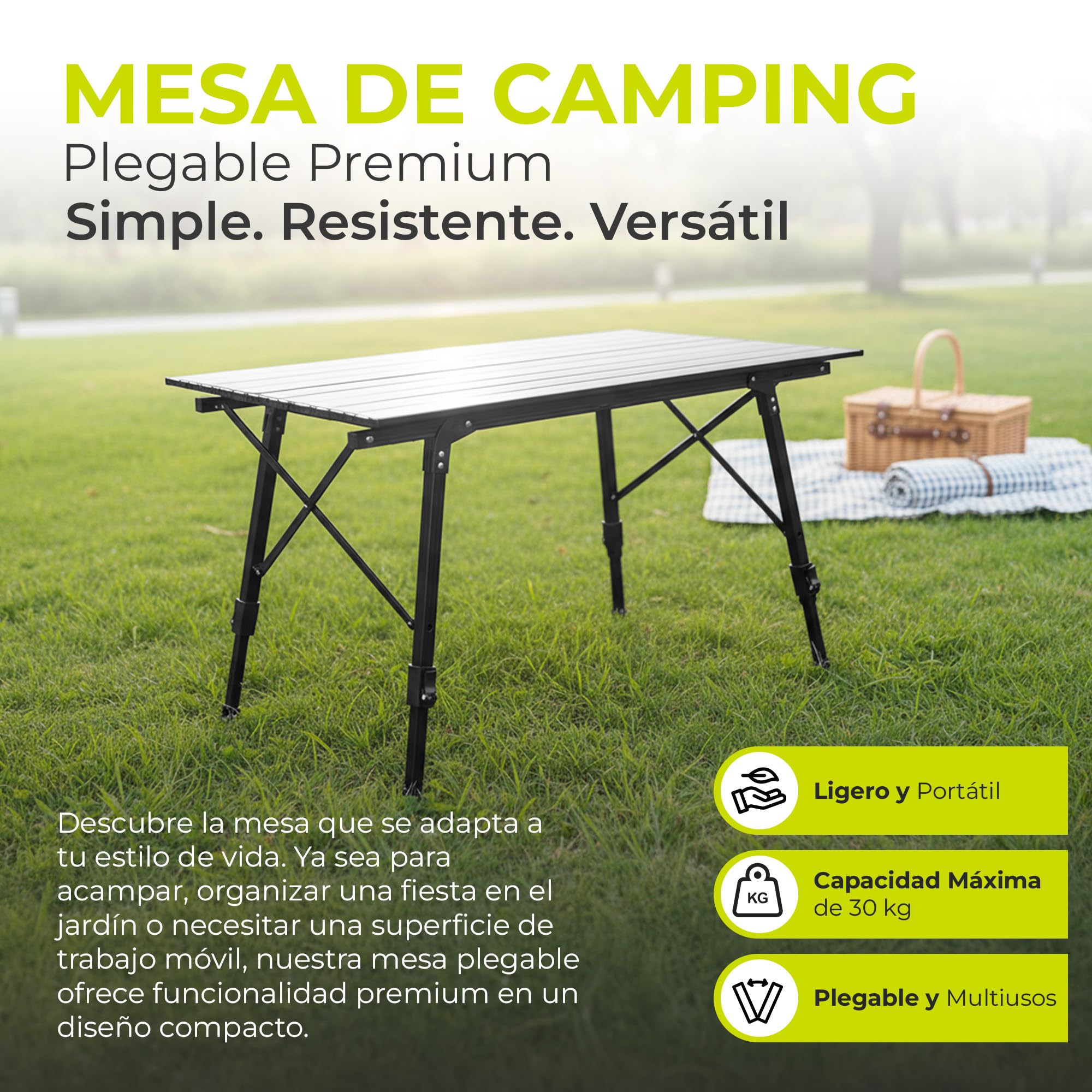 Mesa Enrollable Camping - Aluminio, 30 kg, 90x51 cm | Altura regulable 45-65 cm - tablero enrollable - bolsa de transporte incluida - solo 3,9 kg