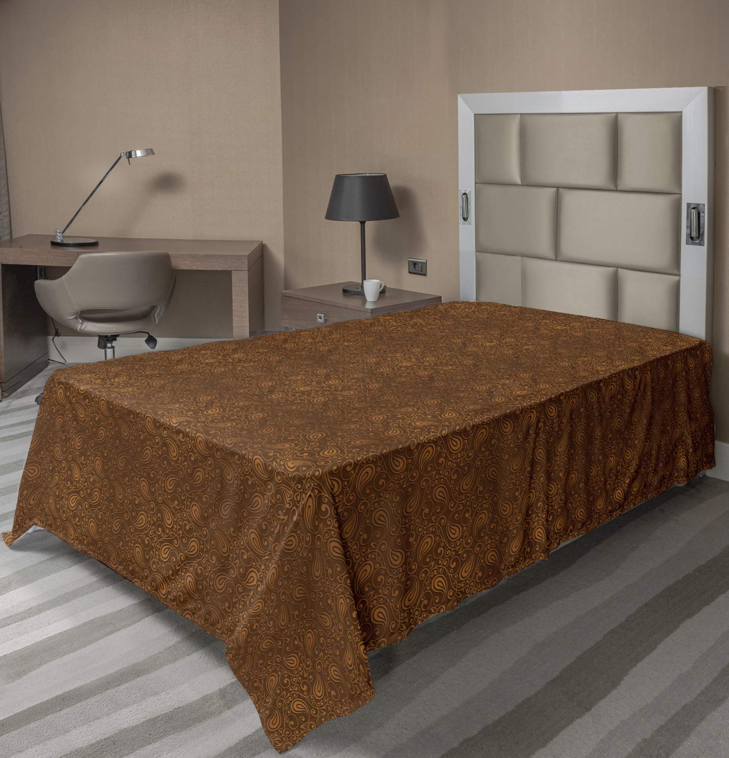 Lunarable Brown Paisley Flat Sheet, Classical Look Eastern Folk Inspired Motifs Print in Warm Brown Tones, Soft Comfortable Top Sheet Decorative Bedding 1 Piece, Twin Size, Ginger Chocolate